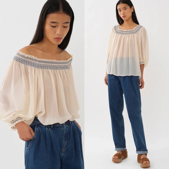 Chloe Tops - See by Chloe Off Shoulder Smocked Top Blouse Sheer Gypsy Bohemian Shirt